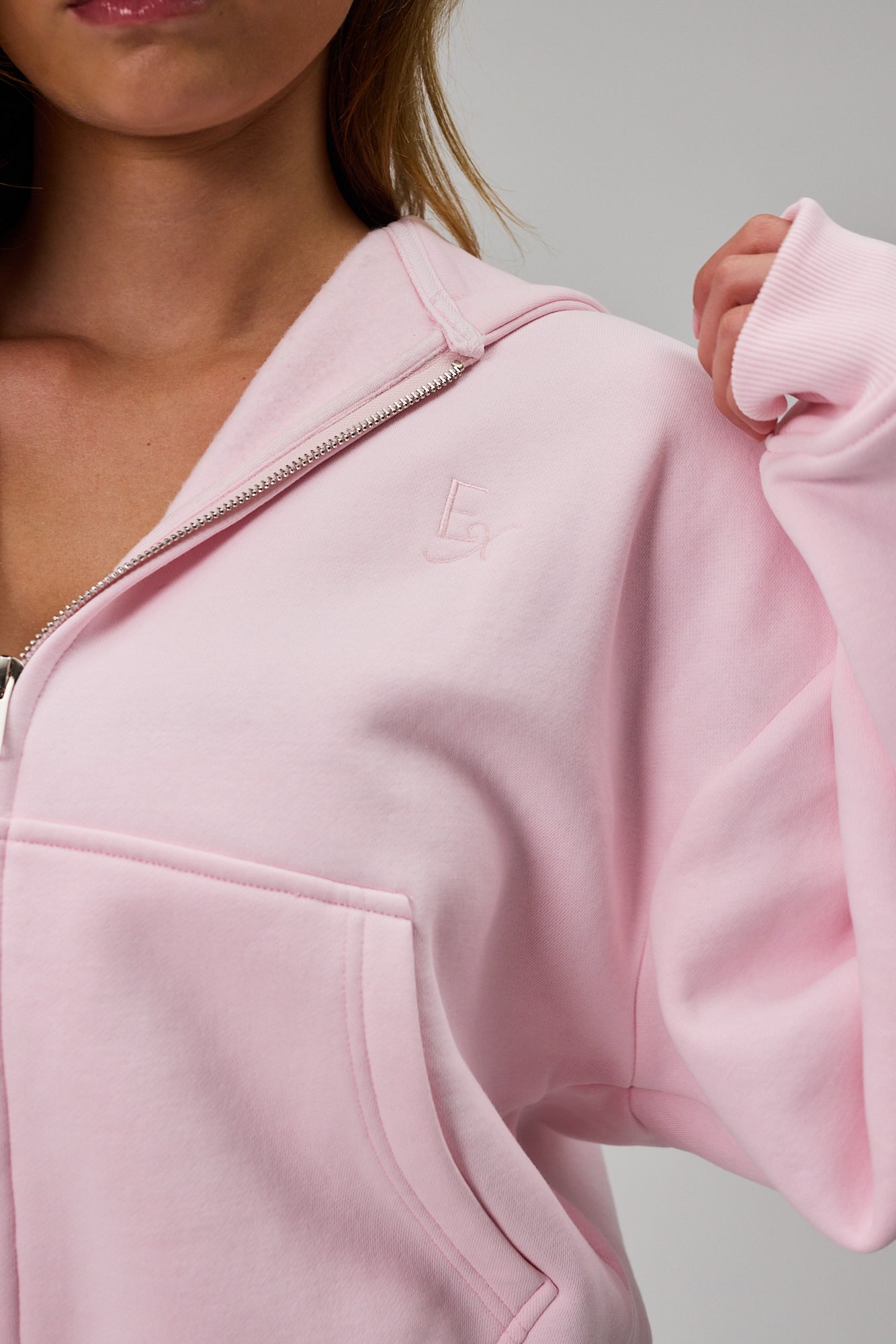 Cropped Zip Hoodie - Soft Pink